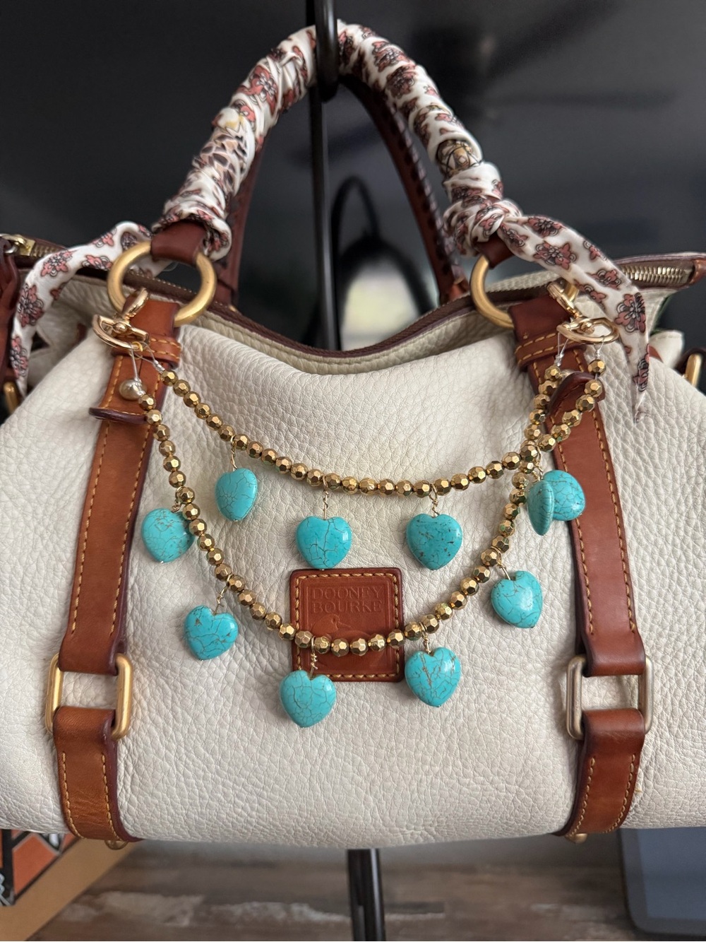 Dooney & Bourke Cream Satchel with Turquoise Heart Charms